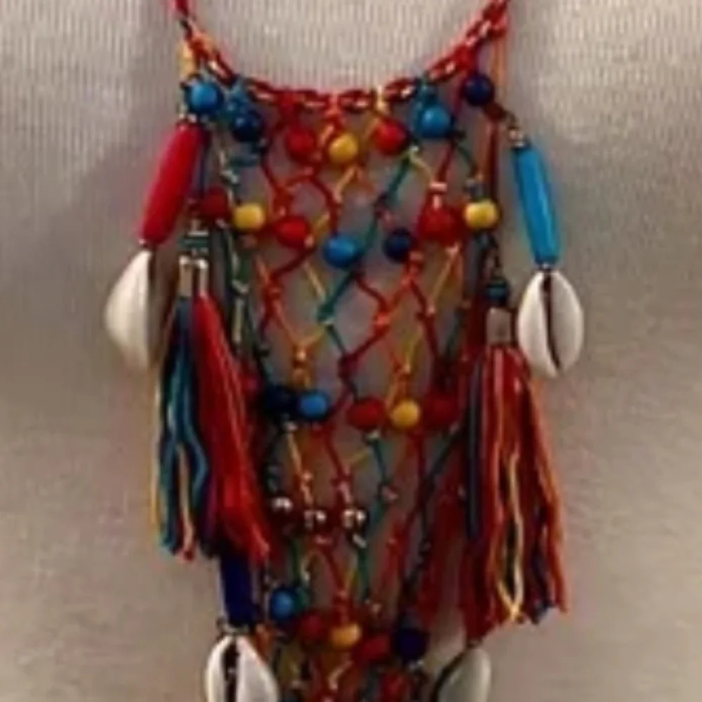 Statement Bohemian Macrame Beaded Necklace Rainbow with shells and tassels NWT
